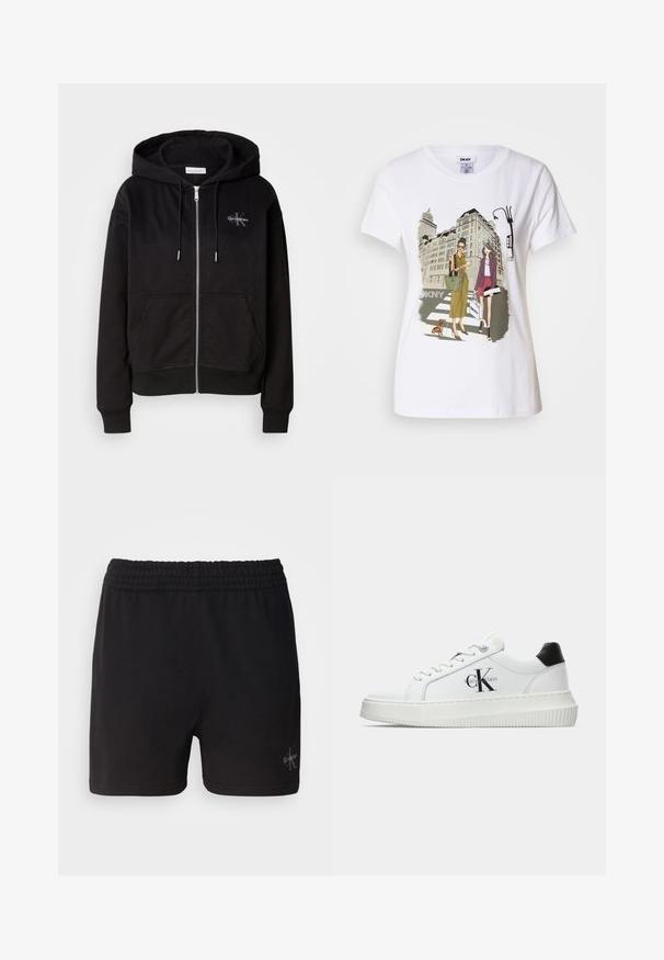 Melns zipa kapuci džemperis no mīksta kokvilnas maisījuma, ar kapuci, priekšējām kabatām un sudraba furnitūru. Calvin Klein logo izšūts uz krūtīm.; Balta kokvilnas T-krekls ar divu sieviešu, kas ģērbtas urbanā stilā, zīmējumu, uz kura redzams suns uz gājēju pārejas un pilsētas ēkas.; Melni kokvilnas šorti ar elastīgu jostasvīru un Calvin Klein sudraba logo apakšējā labajā stūrī. Gluda tekstūra.; Baltā zema topa sporta apavas ar melnu papēža cilni, platformas zoli, auklēm un Calvin Klein "CK" logo sānos.