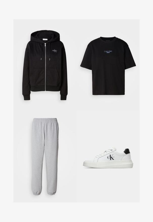 Svart zip-up hoodie i mjuk bomullsblandning, med huva, framfickor och silverdetaljer. Calvin Klein-logotypen är broderad på bröstet.; Svart bomulls T-shirt med rund nacke, korta ärmar och blå broderad "Calvin Klein JEANS" logotyp på framsidan.; Grå sweatpants tillverkade av mjukt, texturerat tyg. Elastiskt midjeband och muddar, med en liten logotyp på vänster sida.; Vit lågtopp sneakers med svart hälflik, platåsål, snörning och Calvin Klein "CK" logotyp på sidan.