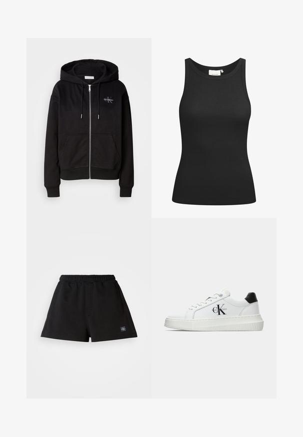 Sudadera negra con cremallera en suave mezcla de algodón, que cuenta con una capucha, bolsillos frontales y herrajes plateados. Logo de Calvin Klein bordado en el pecho.; Top negro sin mangas hecho de tela acanalada, con un escote en forma de bote y un ajuste ceñido. Costuras planas y sin adornos. Diseño simple y elegante.; Pantalones cortos negros hechos de tela suave, con una cinturilla elástica, corte recto y una pequeña etiqueta de logo en el lado inferior izquierdo.; Zapatilla baja blanca con talón negro, suela de plataforma, cordones y logotipo "CK" de Calvin Klein en el lado.
