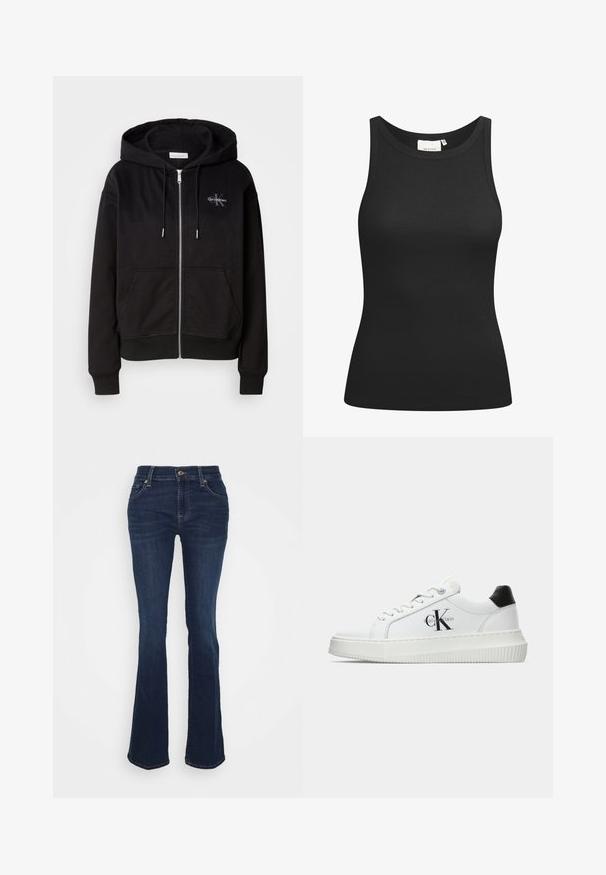 Sudadera negra con cremallera en suave mezcla de algodón, que cuenta con una capucha, bolsillos frontales y herrajes plateados. Logo de Calvin Klein bordado en el pecho.; Top negro sin mangas hecho de tela acanalada, con un escote en forma de bote y un ajuste ceñido. Costuras planas y sin adornos. Diseño simple y elegante.; Vaqueros acampanados de un azul oscuro, fabricados en denim; de cintura alta, con cinco bolsillos, detalles en dorado y una textura suave con un desvanecimiento sutil en los muslos.; Zapatilla baja blanca con talón negro, suela de plataforma, cordones y logotipo "CK" de Calvin Klein en el lado.