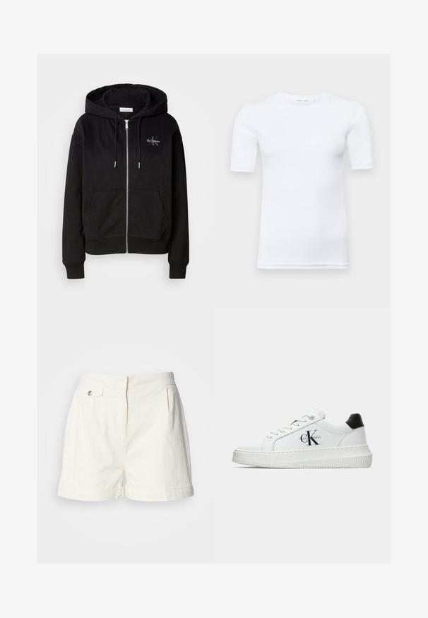 Black zip-up hoodie in soft cotton blend, featuring a hood, front pockets, and silver hardware. Calvin Klein logo stitched on the chest.; White short-sleeve t-shirt made of cotton. Features a round neckline and a smooth texture, with minimal stitching visible at the hem.; White cotton shorts with a flat front, side pockets, front pleats, and a single button fastening at the waist. Tailored shape, smooth texture.; White low-top sneaker with black heel tab, platform sole, laces, and Calvin Klein "CK" logo on the side.
