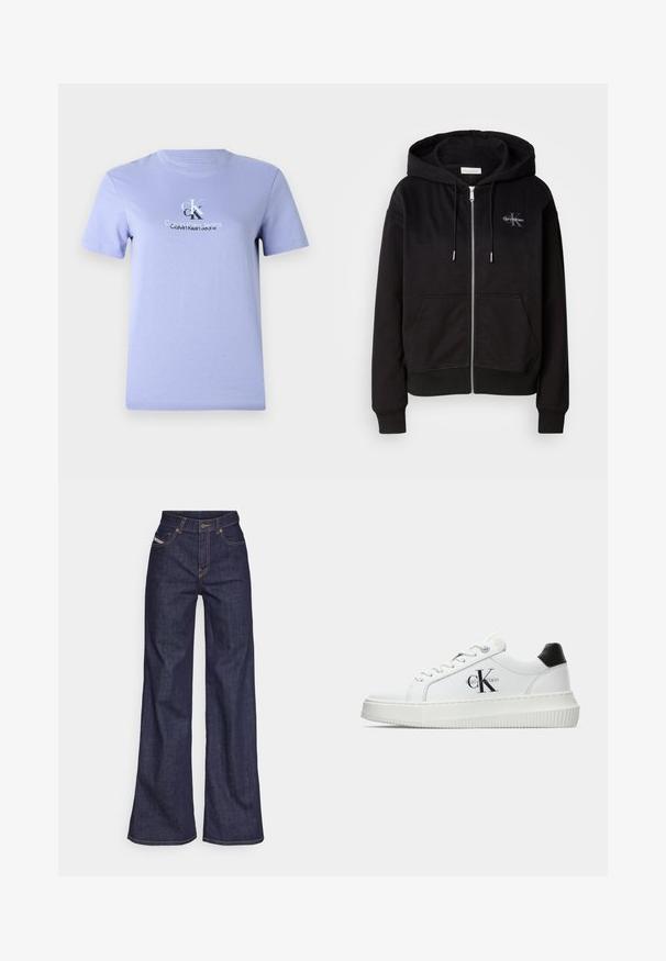 Black zip-up hoodie in soft cotton blend, featuring a hood, front pockets, and silver hardware. Calvin Klein logo stitched on the chest.; Lilac cotton t-shirt featuring a crew neck, short sleeves, and a central logo print in silver. Smooth texture, classic fit.; Dark blue wide-leg jeans in denim fabric with a high waist, featuring orange stitching, five-pocket design, and a button closure.; White low-top sneaker with black heel tab, platform sole, laces, and Calvin Klein "CK" logo on the side.
