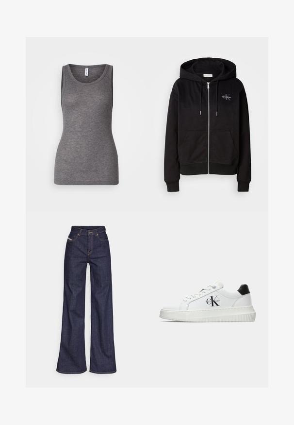 Zwarte zip-up hoodie van een zachte katoenmix, met een capuchon, voorzakken en zilverkleurige hardware. Calvin Klein-logo geborduurd op de borst.; Samsøe Samsøe SONNET TANK - Top - grey; Donkerblauwe wijde jeans van denimstof met een hoge taille, voorzien van oranje stiksels, een vijf-pocket ontwerp en een knoopsluiting.; Witte lage sneaker met zwarte hiel tab, plateauzool, veters en Calvin Klein "CK" logo aan de zijkant.