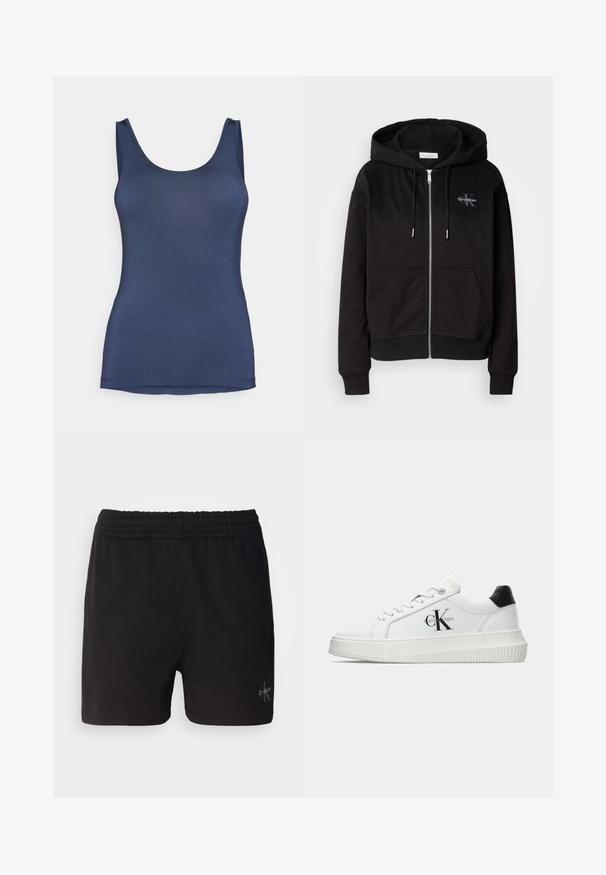 Svart hettegenser med glidelås i myk bomullsblanding, med hette, frontlommer og sølvfarget detaljer. Calvin Klein-logoen er brodert på brystet.; Marineblå tanktopp laget av glatt, elastisk stoff, med en rund hals og smal passform. Diskret logo nær nederkanten.; Sorte bomullsshorts med elastisk midjebånd og Calvin Klein-logo i sølv nederst til høyre. Glatt tekstur.; Hvite lavsko med svart hæltab, plattformsåle, snøringer og Calvin Klein "CK" logo på siden.