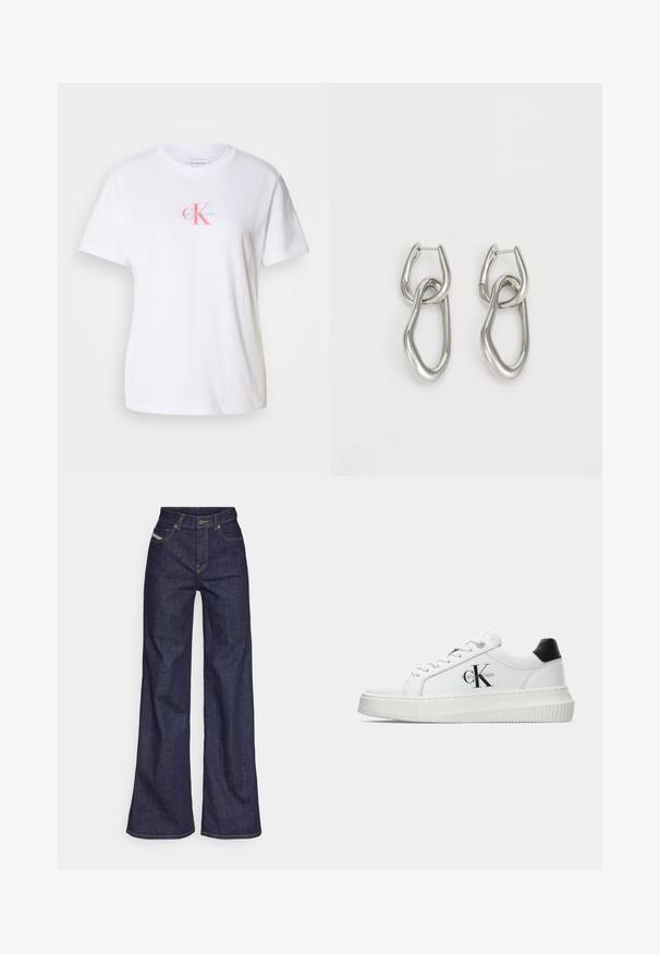 Hanorac negru cu fermoar dintr-un amestec moale de bumbac, având glugă, buzunare frontale și accesorii din metal argintiu. Logo-ul Calvin Klein brodat pe piept.; Tricou alb din bumbac, cu guler rotund, mâneci scurte și un logo pe față în roz și albastru, cu textul "Calvin Klein" dedesubt.; Blugi taille mare, de culoare albastru închis, din material denim, cu croială largă, cu cusături portocalii, design cu cinci buzunare și închidere cu nasture.; Adidași albi cu glezna joasă, cu tab-ul de călcâi negru, talpă platformă, șireturi și logo-ul "CK" de la Calvin Klein pe lateral.; Calvin Klein STATEMENT LINKS - Cercei - silver-coloured