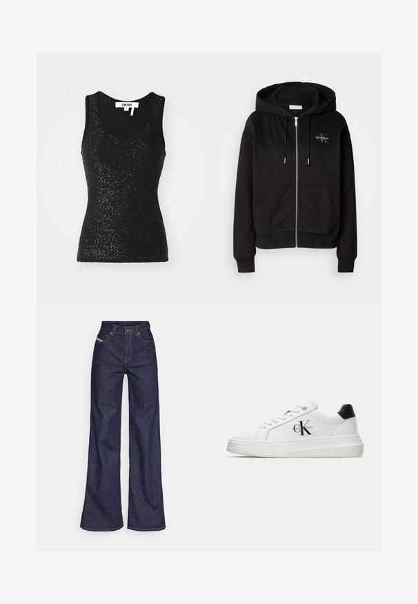 Black zip-up hoodie in soft cotton blend, featuring a hood, front pockets, and silver hardware. Calvin Klein logo stitched on the chest.; Black sleeveless tank top made of textured fabric with sequin detailing. Features a round neckline and ribbed edges. Brand label visible.; Dark blue wide-leg jeans in denim fabric with a high waist, featuring orange stitching, five-pocket design, and a button closure.; White low-top sneaker with black heel tab, platform sole, laces, and Calvin Klein "CK" logo on the side.