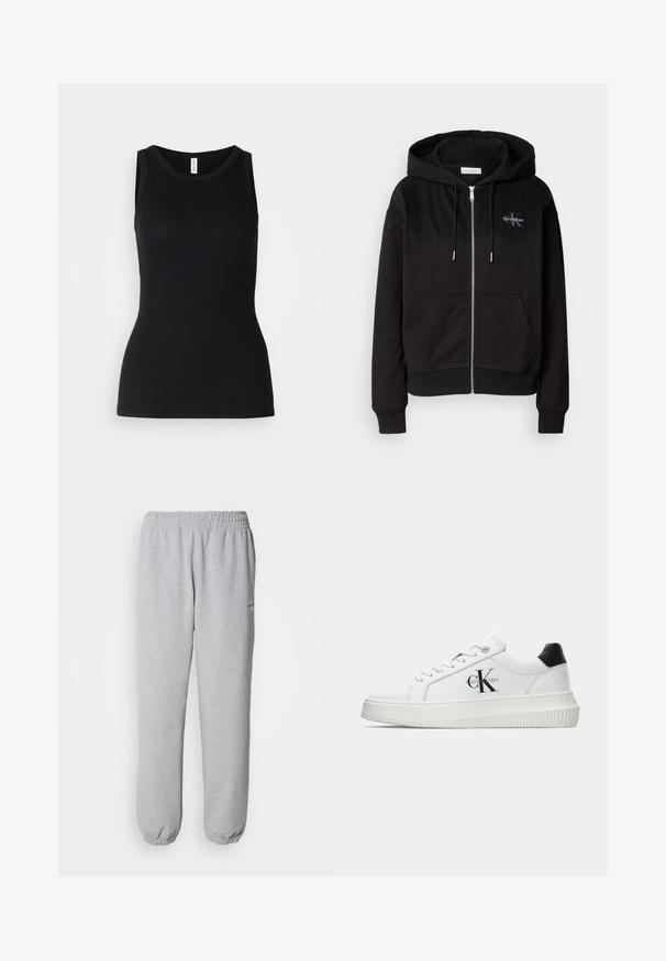 Melns zipa kapuci džemperis no mīksta kokvilnas maisījuma, ar kapuci, priekšējām kabatām un sudraba furnitūru. Calvin Klein logo izšūts uz krūtīm.; Melna bez piedurknēm, ar ribotu audumu, apaļā kakla izgriezumā un pieguļošā dizainā, ar gludu tekstūru un bez rakstiem.; Pelēki sporta bikses, izgatavotas no mīksta, teksturēta auduma. Elastīga josta un aproces, ar nelielu logotipu kreisajā pusē.; Baltā zema topa sporta apavas ar melnu papēža cilni, platformas zoli, auklēm un Calvin Klein "CK" logo sānos.