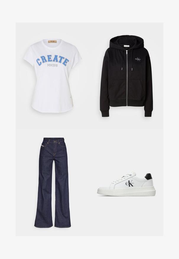 Crna zip-up dukserica od mekog pamuka, s kapuljačom, prednjim džepovima i srebrnim detaljima. Calvin Klein logo zakovan na prsima.; Bijela pamučna majica s okruglim izrezom, kratkim rukavima i plavim grafičkim tekstom "CREATE" ispod kojeg se nalazi natpis "MIM 2010". Detalj s zakrivljenim rubom.; Tamno plave široke traperice s visokim strukom, izrađene od denim tkanine, s narančastim šavovima, pet džepovima i kopčanjem na dugme.; Bijeli niskotoperani tenisice s crnom petom, platformom, vezicama i "CK" logotipom Calvin Kleina sa strane.