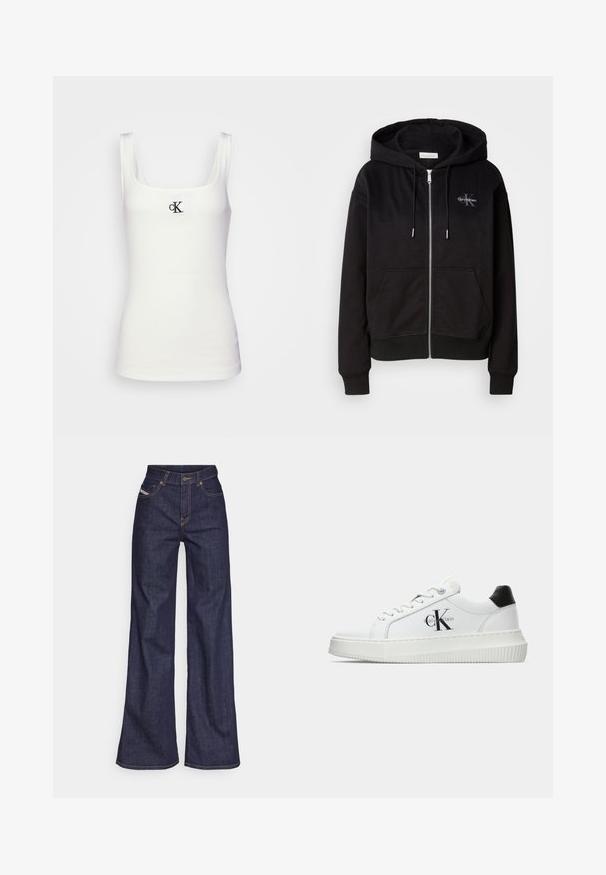 Hanorac negru cu fermoar dintr-un amestec moale de bumbac, având glugă, buzunare frontale și accesorii din metal argintiu. Logo-ul Calvin Klein brodat pe piept.; Top din bumbac alb, cu decupaj pătrat la gât și bretele înguste. Prezintă un mic logo CK brodat în negru pe față.; Blugi taille mare, de culoare albastru închis, din material denim, cu croială largă, cu cusături portocalii, design cu cinci buzunare și închidere cu nasture.; Adidași albi cu glezna joasă, cu tab-ul de călcâi negru, talpă platformă, șireturi și logo-ul "CK" de la Calvin Klein pe lateral.