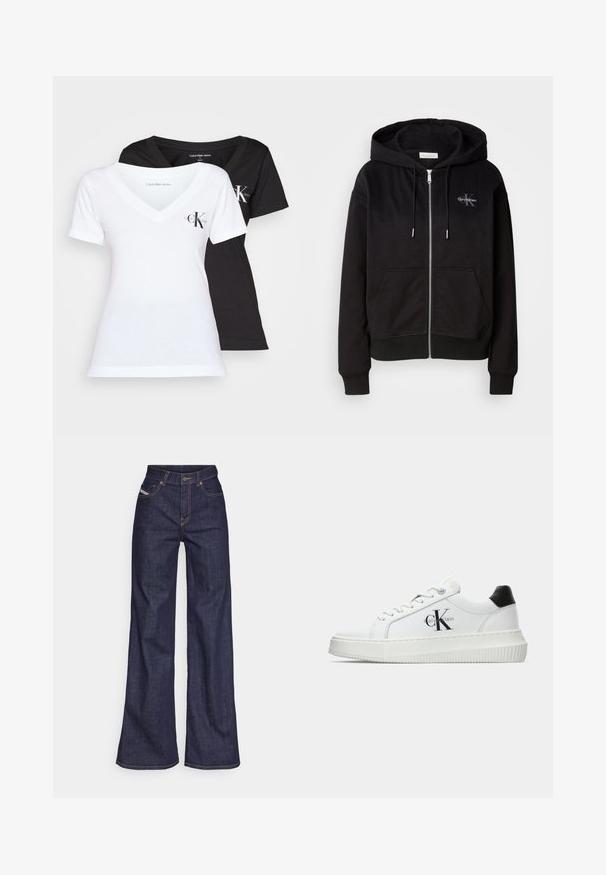 Hanorac negru cu fermoar dintr-un amestec moale de bumbac, având glugă, buzunare frontale și accesorii din metal argintiu. Logo-ul Calvin Klein brodat pe piept.; Două tricouri V-neack, unul negru și altul alb. Ambele sunt din bumbac moale, cu mâneci scurte și un mic logo "CK" pe piept.; Blugi taille mare, de culoare albastru închis, din material denim, cu croială largă, cu cusături portocalii, design cu cinci buzunare și închidere cu nasture.; Adidași albi cu glezna joasă, cu tab-ul de călcâi negru, talpă platformă, șireturi și logo-ul "CK" de la Calvin Klein pe lateral.