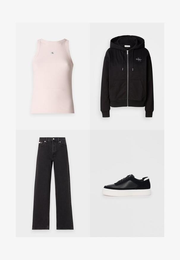 Black zip-up hoodie in soft cotton blend, featuring a hood, front pockets, and silver hardware. Calvin Klein logo stitched on the chest.; Light pink ribbed tank top with a round neckline and thin shoulder straps; features a small logo patch on the front.; Black wide-leg jeans made of denim, featuring a high-rise waist, five-pocket styling, and a metal button closure with contrasting stitching.; Black sneaker with smooth leather and suede panels, flat laces, rounded toe, and a white rubber sole. Distinct logo on the heel.