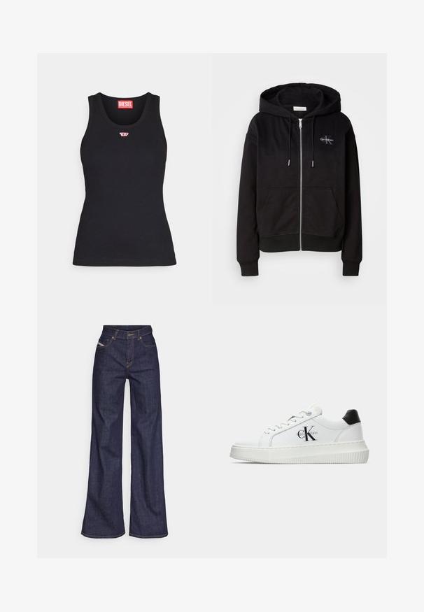 Must Black zip-up kapuutsiga, pehmest puuvilla segust, esitaskud ja hõbedased detailid. Calvin Kleini logo on õmmeldud rinna piirkonda.; Must kivist valmistatud t-särk, millel on ümar kaelus, väikese punase logoga rinnal ja sobiv disain.; Tumedates sinised laiad teksad denimpesus, kõrge vöökohaga, mis on varustatud oranžide õmblustega, viie-taskulise disaini ja nööbiga kinnitusega.; Valge madalate sokkidega jooksutoss, millel on must konts, platvormi tallad, paelad ja Calvin Kleini "CK" logo küljel.