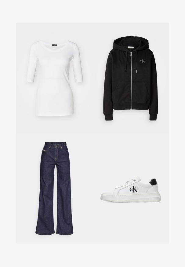 Black zip-up hoodie in soft cotton blend, featuring a hood, front pockets, and silver hardware. Calvin Klein logo stitched on the chest.; White fitted t-shirt with three-quarter sleeves, soft texture, round neckline, and a side accent detail near the hem.; Dark blue wide-leg jeans in denim fabric with a high waist, featuring orange stitching, five-pocket design, and a button closure.; White low-top sneaker with black heel tab, platform sole, laces, and Calvin Klein "CK" logo on the side.