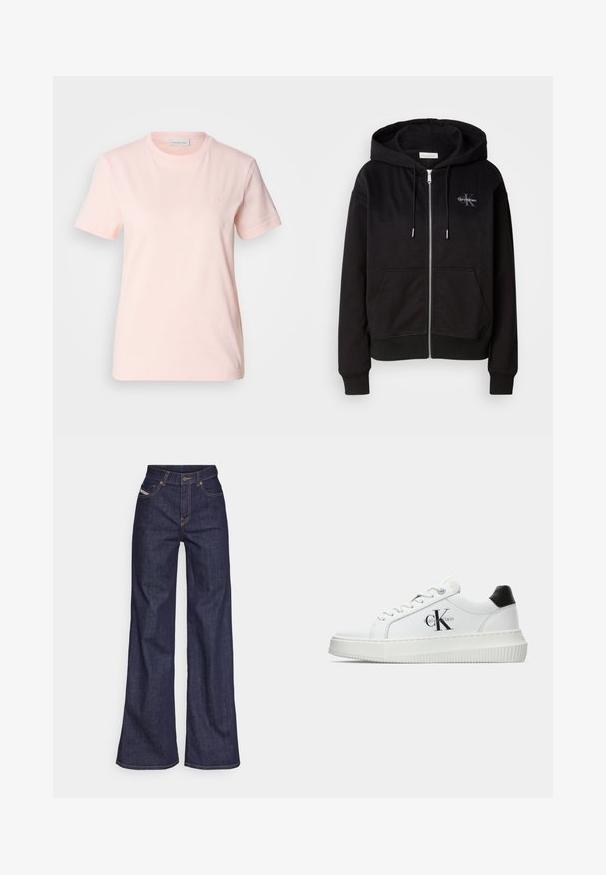 Zwarte zip-up hoodie van een zachte katoenmix, met een capuchon, voorzakken en zilverkleurige hardware. Calvin Klein-logo geborduurd op de borst.;  Lichtroze katoenen t-shirt met een ronde halslijn. Beschikt over korte mouwen en een klein "ck" logo geborduurd op de borst. Zachte textuur.; Donkerblauwe wijde jeans van denimstof met een hoge taille, voorzien van oranje stiksels, een vijf-pocket ontwerp en een knoopsluiting.; Witte lage sneaker met zwarte hiel tab, plateauzool, veters en Calvin Klein "CK" logo aan de zijkant.