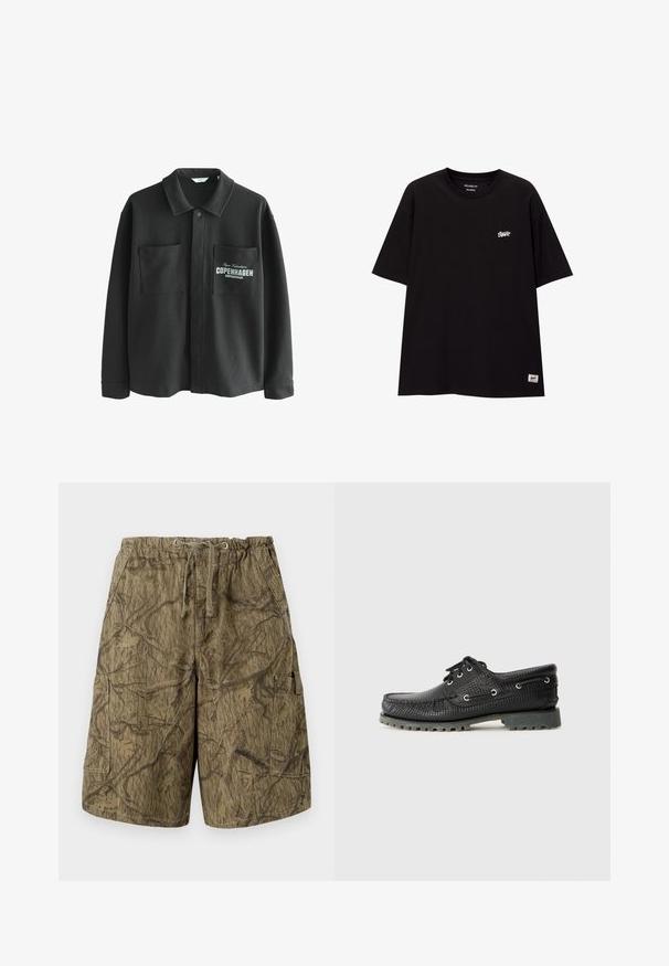 Čierna fleecová košela s prešívaným golierom, dvoma prednými vreckami a potlačou textu "KODAŇ" na ľavom vrecku.; Čierne tričko s voľným strihom vyrobené z bavlny, s krátkymi rukávmi. Obsahuje malé biele logo na hrudi a štítok na dolnom leme.; Károvo vzorované cargo šortky v tlmených zemských odtieňoch. Vyrobené z odolnej textílie, s nastaviteľným pásom a bočnými cargo vreckami. Textúrovaný potlačový dizajn.; Čierne šnurovacie topánky s textúrovaným povrchom a okrúhlou špičkou, kovovými očkami a robustnou šedou gumovou podrážkou. Na vrchnej časti je tkaný vzor.