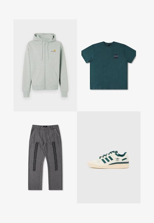 Sweatshirt cinza claro com fecho zip, bolso frontal, punhos canelados e um pequeno logótipo laranja no lado esquerdo do peito. Feito de um tecido suave e texturizado.; T-shirt de algodão azul-água com decote redondo e mangas curtas. Apresenta um pequeno logótipo gráfico em roxo na parte superior esquerda do peito.; Calças xadrez cinza com detalhe em texto preto ao longo dos lados, apresentando um accentuador de corrente na cintura. Design de pernas retas, tecido texturizado.; Sapatilha branca com detalhes verdes. Apresenta três riscas verdes, bico texturizado e logótipo na lateral. Sola de borracha com padrão texturizado.