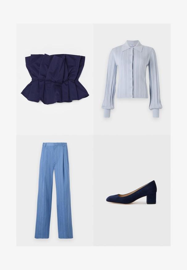 Light blue cardigan with a ribbed texture, button closure, and a collared neck. Features long sleeves with fitted cuffs.; STAUD DOVER - Top - navy; Light blue wide-leg trousers with vertical white stripes. Made of smooth material, featuring a front pleat and a clean waistband design.; Navy blue suede pump with a pointed toe and a mid-height block heel. Smooth texture with a subtle sheen and a small cutout at the front.