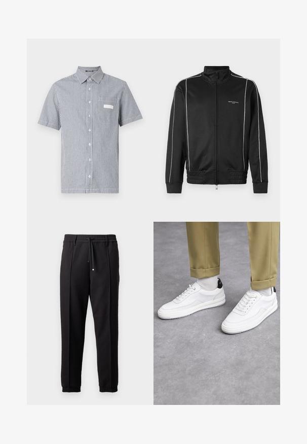 Giacca nera con zip in tessuto liscio, dotata di strisce laterali bianche, polsini a coste e colletto alto. Marca sul davanti.; Camicia a maniche corte con bottoni, caratterizzata da un motivo a righe blu e bianche, con taschino sul petto e colletto classico. Realizzata in tessuto leggero.; Pantaloni neri con cintura, cordoncino e polsini elasticizzati. Presentano pieghe e un tessuto liscio e strutturato.; Sneaker bianchi con finitura in pelle testurizzata, punta arrotondata e accentuazione nera sul tallone. Suola in gomma con piccolo motivo di battistrada e dettagli cuciti.