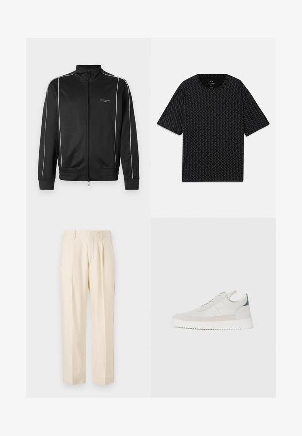 Schwarze Zip-Jacke aus glattem Stoff mit weißen Seitenstreifen, gerippten Bündchen und Stehkragen. Markenlogo auf der Vorderseite.; Schwarzes T-Shirt mit einem strukturierten Muster von abwechselnden "A"-Logos, kurzen Ärmeln und rundem Halsausschnitt. Hergestellt aus leichtem Stoff.; NN.07 KAY - Stoffhose - off white; Weiße Leder-Sneaker mit grauen Wildleder-Akzenten, Schnürdesign, Zuglasche und strukturiertem Gummisohle mit Zickzackmuster.