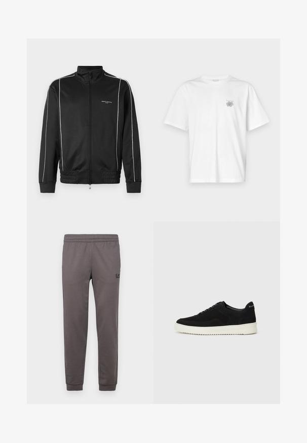Crna zip-up jakna od glatke tkanine, s bijelim bočnim trakama, rebrastim manžetama i stojećim ovratnikom. Branding na prednjoj strani.; Bijela majica od pamuka s kratkim rukavima, okruglim izrezom i malim sivim logotipom na lijevoj strani prsnog područja. Glatka tekstura.; EA7 Emporio Armani TRAIN CORE PANTS - Donji dijelovi trenirke - volcanic glass; Crne nubuk tenisice s vezanjem i kontrastnom bijelom gumenom potplatom. Imaju teksturirane bočne panele i suptilno brendiranje na peti.