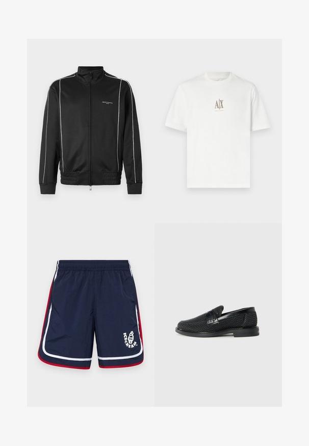Jachetă neagră cu fermoar, dintr-un material neted, având dungi albe pe laterale, manșete ribbrate și guler în picioare. Logo pe partea din față.; Tricou alb din bumbac cu guler rotund. Prezintă un mic logo bej "A|X" și "ARMANI EXCHANGE" tipărit dedesubt. Mâneci scurte, croială normală.; Săniuțe de înot bleumarin cu dungi albe și roșii pe lateral, talie elastică și un logo cu un cornet de înghețată pe partea din față.; Pantofii negri din material textil, cu accent din piele netedă pe partea superioară, design cu vârf rotund și talpă din cauciuc de profil redus.