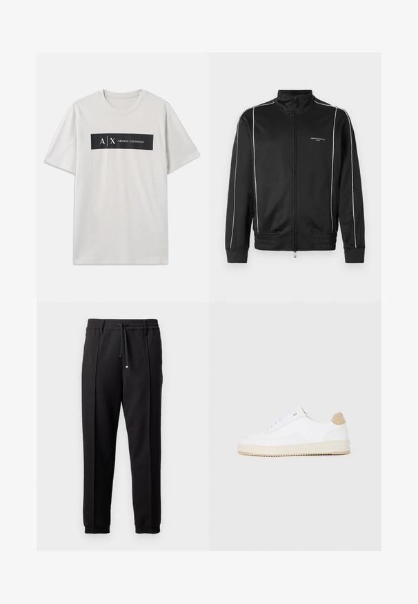 Svart zip-up jakke laget av glatt stoff, med hvite sidestriper, ribbede mansjetter og høy krage. Merkevare foran.; Lys grå t-skjorte med korte ermer laget av bomull. Den har en svart rektangulær grafikk med teksten "A/X" og "ARMANI EXCHANGE" i hvitt.; Sorte bukser med liv, snor og elastiske mansjetter. Har plisséer og et glatt, teksturert stoff.; Hvite lave sneakers med overdel i teksturert skinn, kremfarget såle med ribber og en brunt fargeklatt på hælen. Har hvite lisser og logodetalj på hælen.