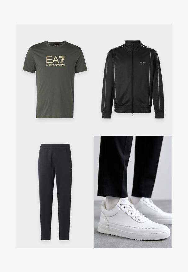 Juodas zip-up džemperis, pagamintas iš lygaus audinio, su baltomis šoninėmis juostelėmis, raštuotais rankovės kraštais ir aukštu kaklu. Logotipas ant priekio.; Olive spalvos vyriška marškinėliai, pagaminti iš medvilnės, su apvaliu kaklu ir auksiniu "EA7 Emporio Armani" logotipu priekyje. Trumpomis rankovėmis.; Juodos sportinės kelnės, pagamintos iš minkštos medžiagos, su elastinga juosmeniu, tiesiomis kojomis ir nedideliu logotipo akcentu šone.; Baltos odinės sportbačiai su plokščiu guminiu padu, pasižymintys lygiu paviršiumi, apvalia nosimi ir metaliniais anga užrišimui. Dėvimi su juodomis kelnėmis.