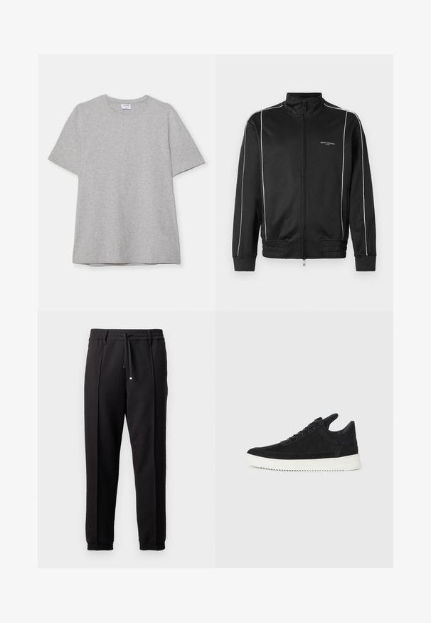 Mustan vetoketjullinen takki, joka on valmistettu sileästä kankaasta. Takissa on valkoiset sivuraidat, ribbireunat ja pystysuora kaulus. Edessä on brändäys.; Harmaa lyhythihainen T-paita, joka on valmistettu pehmeästä ja teksturoidusta kankaasta. Varustettu klassisella pyöreällä pääntiellä ja suoraselkäisellä helman kanssa, sopii rentoon pukeutumiseen.; Mustat housut, joissa on vyötäröhine, naru ja joustavat hihnat. Ominaisuuksiin kuuluvat pleatit ja sileä, teksturoitu kangas.; Mustat mokkasiinikenkiä valkoisella kumipohjalla, jossa on sävy sävyyn ompelu ja nauhakiinnitys. Sujuva pinta ja moderni, virtaviivainen muoto.