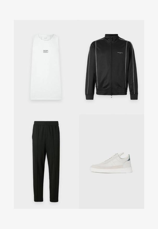 Must osa pahemustast materjalist jakk, millel on valged külgtriibud, soonikkoes mansetid ja püsti kaelus. Ees on brändingu logo.; Valge varrukateta sportlik särk ümmarguse kaelusega, EA7 Emporio Armani keskne logo rinnal ühevärvilisel taustal.; Mustad püksid siledast kangast; elastsed vöökoht, küljetaskud ja kitsenev sääre disain. Minimalistlik ja ühtlane värv.; Valged nahkstennised hallide seemisnahast detailidega, paeltega sulgemine, tõmmetab, ning reljeefne kummisoont, millel on siksakmuster.