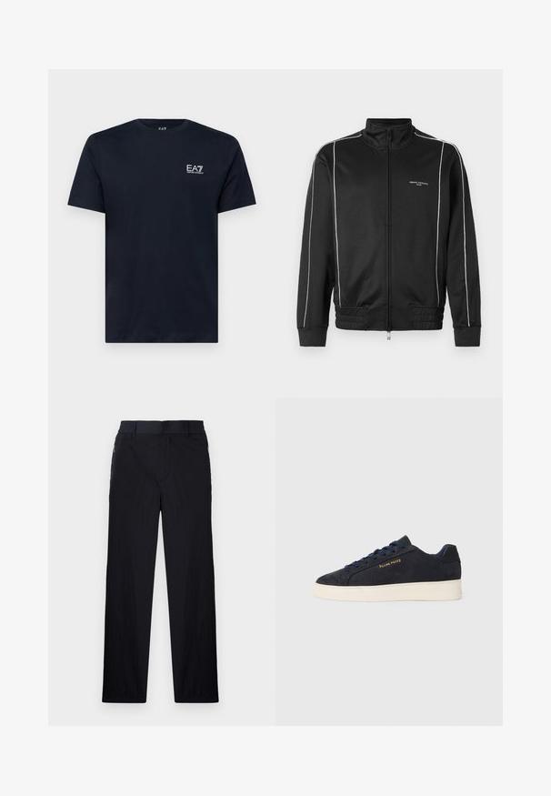 Μαύρο μπουφάν με φερμουάρ από λείο ύφασμα, με λευκές ραβδώσεις στο πλάι, ριμπ μανσέτες και γιακά σε στάδιο. Σημαντική σήμανση μπροστά.; Ναυτικό μπλε βαμβακερό T-shirt με κοντά μανίκια, λαιμόκοψη τύπου crew και ένα μικρό λευκό κεντημένο λογότυπο στο αριστερό στήθος. Λείος υφασμάτινος ιστός.; Μαύρο παντελόνι με ελαφρύ, υφασματοποιημένο φινίρισμα, ευθύ γραμμή, ελαστική ζώνη στη μέση και πλαϊνές τσέπες με φερμουάρ.; Ναυτικό μπλε σουέτ χαμηλά πάνινα παπούτσια με λευκή σόλα, ναυτικά κορδόνια και λογότυπο "Filling Pieces" σε χρυσό στο πλάι.
