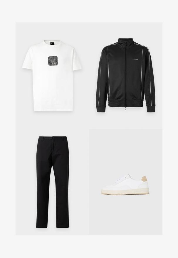 Melnā rāvējslēdzēju jaka, izgatavota no gludas auduma, ar baltām sānu svītrām, ribota piedurkņu apmale un stāvošu apkakli. Zīmols uz priekšpuses.; Balta īsām piedurknēm T-kreklā ar mazu melnu kvadrātu grafiku, kas satur baltus punktus un "Armani Exchange" tekstu uz krūšu daļas.; Melni taisni bikses ar pogu un rāvējslēdzēja aizdari, jostas cilpām un priekšējiem kabatām, izliktas uz baltas fona.; Baltās zemas kedas ar faktūru ādas virsu, krēmkrāsas rievojamu zoli un brūnu pacēlumu uz papēža. Iekļauj baltas auklas un logo detaļu uz papēža.