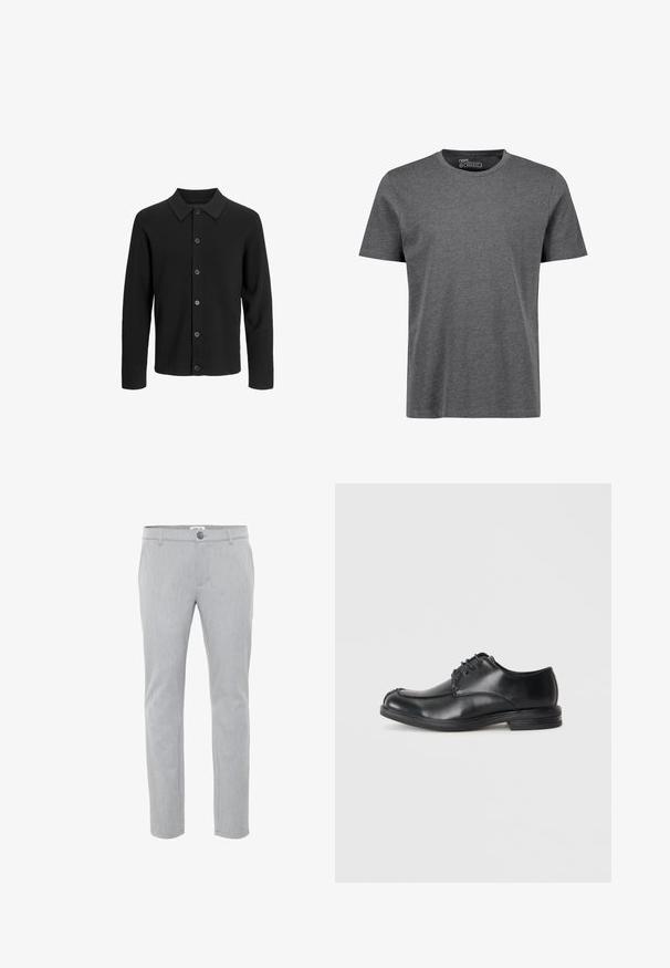 Crni kardigan napravljen od mekanog materijala, s ovratnikom, prednjim zatvaranjem na dugmadi i dugim rukavima. Glatka tekstura bez uzoraka.; Siva, regular-fit kratki rukav T-shirt izrađen od mekanog materijala. Ima okrugli izrez i ramene šavove s minimalnim detaljima šivanja.; Svijetlosive hlače izrađene od tkanine, s ravnim prednjim dijelom, zatvaranjem na gumb i ravnim nogavicama. Čiste linije i minimalni detalji.; Crne kožne cipele na vezanje s okruglim vrhom, glatkom teksturom i niskim potpeticama. Sadrže detalje šivanja duž gornjeg dijela i bočnih strana.