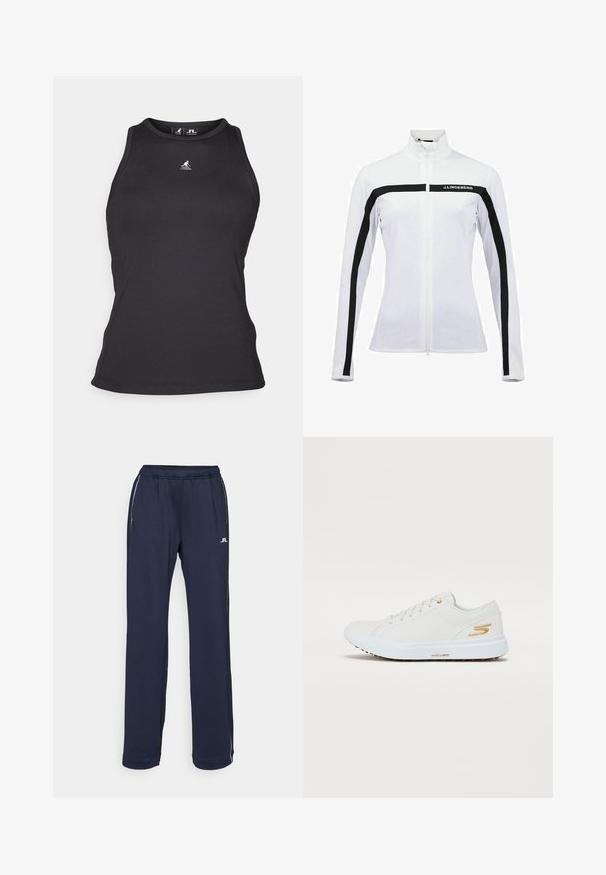 Fehér sportos dzseki álló gallérral, fekete cipzárral és vállcsíkokkal, valamint logóval. Simább textúrájú és fitted kialakítású hosszú ujjú.; Fekete bordázott ujjatlan top magas nyakkivágással. Kicsi logóval a mellkasán és testhez simuló szabással rendelkezik.; Sötétkék sportnadrág, rugalmas derékrésszel, két oldalsó zsebbel és diszkrét fehér logóval. Simább, rugalmas anyagból készült.; Fehér sneaker sima szintetikus felsőrésszel, arany díszítéssel és masszív gumitalppal. Jellemzője a kerek orr, fűzős kialakítás és a párnázott belső.