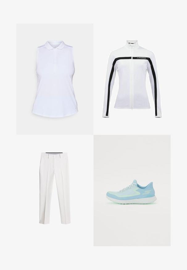 Valkoinen urheilutakki pystykauluksella, mustalla vetoketjulla ja olkastripeillä sekä logolla. Sileä pinta ja istuva muotoilu pitkillä hihoilla.; Hihaton valkoinen poolopaita, jossa on kaulus, viisi nappia ja sileä kangas; helmaosassa on hienovarainen logoyksityiskohta.; Valkoiset housut, jotka on valmistettu sileästä kankaasta, suoran lahkeen muotoilu, etutaskut ja nappisulku, joissa on hienovaraisia laskoksia.; Vaaleansininen urheilusandaali, jossa on verkkomateriaali, pyöreä kärki, pehmustettu pohja ja heijastavat yksityiskohdat. Varustettu nauhoilla ja tukevalla kantapäällä.