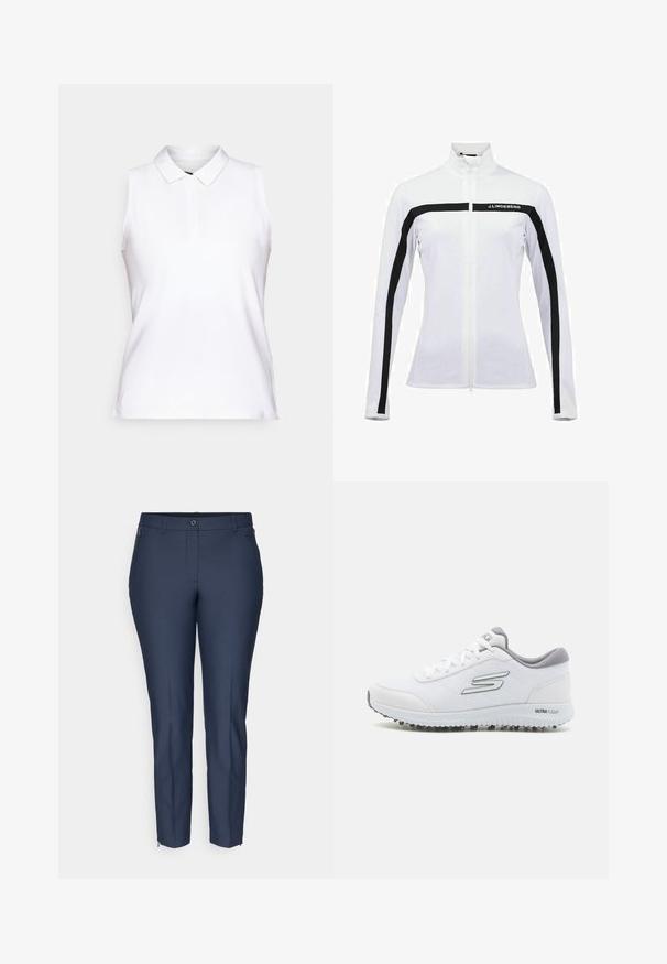 Vit idrottsjacka med ståkrage, svart dragkedja och axelränder, samt logotyp. Slät textur och figurnära design med långa ärmar.; Vit ärmlös polo skjorta gjord av slät tyg; har en klassisk krage och femknapps knäppning, med en figurnära silhuett.; Marinblå skräddarsydda slim-fit byxor med knappstängning, bältesöglor, fickor med dragkedja på sidan och dragkedjor vid vristerna på båda ben.; Vita idrottsskor med en strukturerad mesh-ovandel, silverdetaljer och en lätt sula med små greppknoppar, märkta "ULTRA FLIGHT."