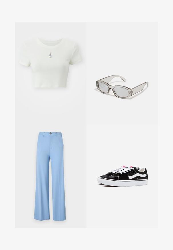 Aware VMGEMMA V-NECK VMA NOOS - Adīta jaka - dark grey; Izgriezts balts t-krekls, izgatavots no mīkstas auduma, ar nelielu izšūtu multfilmu varoni uz krūšu daļas, īsām piedurknēm un noapaļotu kakla izgriezumu.; Gaiši zilos platās bikses izgatavotas no gludas auduma, ar pogu aizdari un priekšējām kabatām. Tīrs, pielāgots dizains bez rakstiem.; Melnas zamšādas sporta apavi ar baltām šņorēm, ar izteiksmīgu baltu sānu joslu un melnu gumijas zoli, izceļoties ar kontrastējošām dūrienu detaļām.; Pelēki caurspīdīgi saulesbrilles ar taisnstūra formu, plakaniem stikliem un biezām kājiņām. Satur smalku eņģes elementu uz tempļiem.