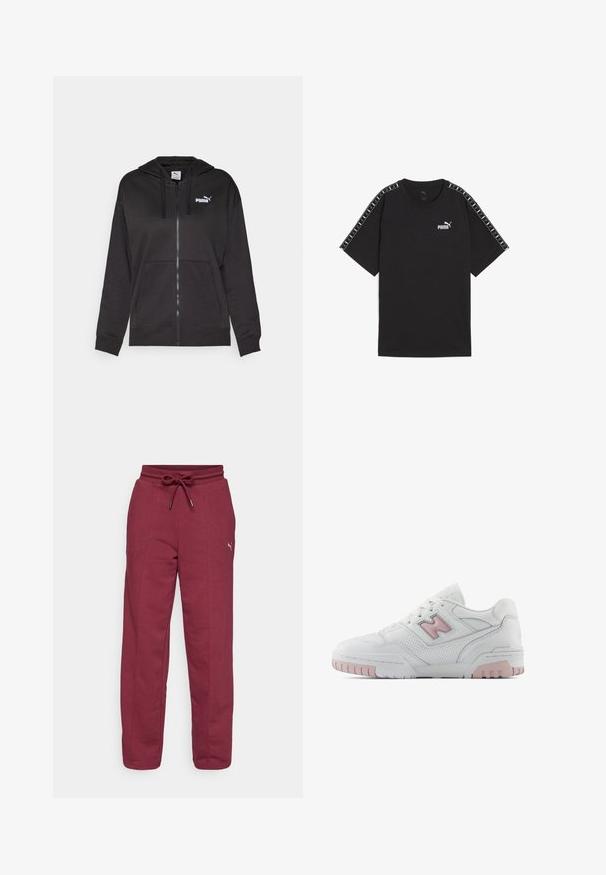 Mustassa vetoketjullisessa hupparissa on pehmeä kangas, etutasku, nyöritettävä huppu ja valkoinen Puma-logo vasemmassa rintakohdassa.; Mustapaitainen lyhythihainen t-paita, joka on valmistettu puuvillasta. Siinä on valkoinen Puma-logo rinnan kohdalla ja kuvioituja yksityiskohtia olkapäillä. Vakiokokoinen ja pyöreä kaula-aukko.; Bordeaux-huuhkimen, joissa on joustava vyötärö, säädettävä naru, sivusaumat ja pieni logoaksentti vasemmassa reidessä. Pehmeä puuvillasekoitemateriaali.; Valkoinen urheilukenkä, jossa on vaaleanpunaisia yksityiskohtia. Ominaisuuksiin kuuluu sileä nahka, rei'itetyt osat ja paksu kumipohja. Nyörit ovat tavallisessa tyylissä.
