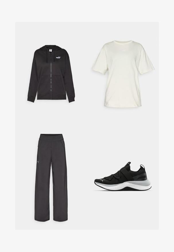 Mustassa vetoketjullisessa hupparissa on pehmeä kangas, etutasku, nyöritettävä huppu ja valkoinen Puma-logo vasemmassa rintakohdassa.; Vaaleanbeige puuvillapaita lyhyillä hihoilla, pyöreällä kaula-aukolla ja pienellä valkoisella Puma-logolla keskellä rintaa. Pehmeä, rento istuvuus.; Musta urheiluhousut, joissa on leveä vyötärönauha, sivutaskut ja litteät saumat. Vasemmassa jalassa on pieni logo. Valmistettu sileästä, joustavasta kankaasta.; Musta urheilujalkine, jossa on teksturoitu päällinen, joustavat remmit ja paksu valkoinen välikerros. Sisältää harmaan yksityiskohdan pohjan reunassa.