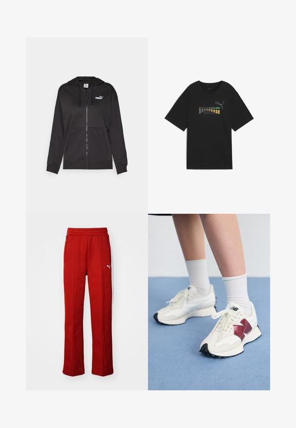 Sudadera con cremallera negra hecha de una tela suave, con un bolsillo frontal, capucha ajustable con cordón y el logotipo de Puma en blanco en la parte izquierda del pecho.; Camiseta negra de corte holgado con un gráfico de texto multicolor "PUMA" y logotipo en el pecho. Fabricada en suave tela de algodón.; Pantalones de chándal rojos con una textura suave, cinturilla elástica y dos bolsillos laterales con cremallera. Presenta una franja blanca a lo largo de los lados y un pequeño logotipo.; Un par de zapatillas blancas con acentos en color burdeos, paneles texturizados, suela negra plana y cordones claros, llevadas con calcetines blancos hasta el tobillo.