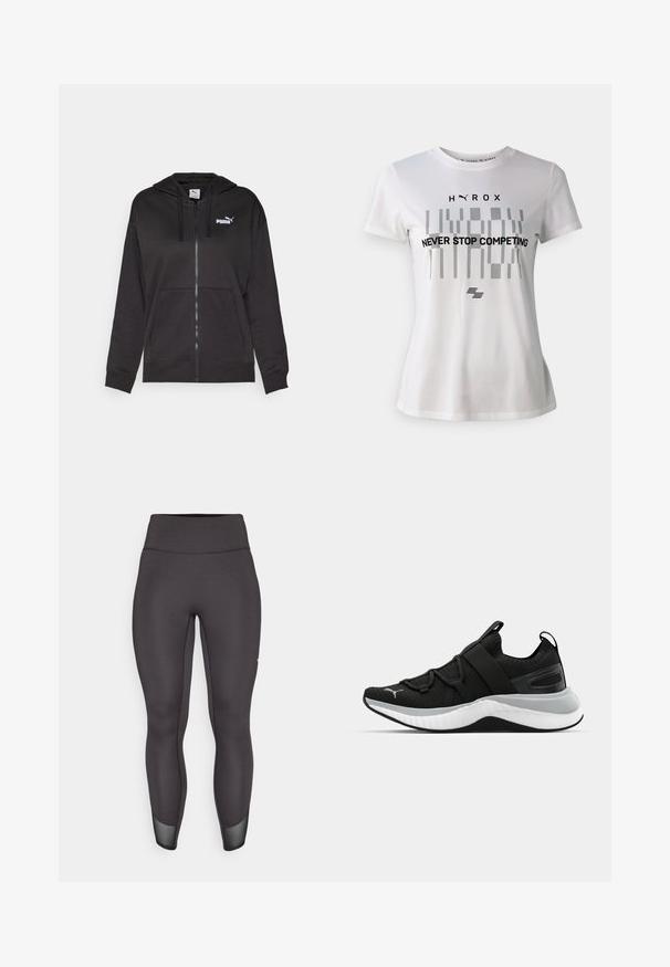 Hanorac negru cu fermoar, fabricat dintr-un material moale, având o buzunare frontală, glugă cu șnur și logo-ul alb Puma în zona stângă a pieptului.; Tricou sportiv alb cu mâneci scurte, având un design geometric negru și textul "NU TE OPRI NICIODATĂ DIN A CONCURA" pe față.; Leggings negri cu talie înaltă, material elastic neted, croi ajustat, accente din plasă la tiv, cusături întărite și fără branding vizibil.; Pantof de sport negru cu un upper texturat, curele elastice și o talpă intermediară groasă albă. Are un accent gri pe lungimea tălpii.