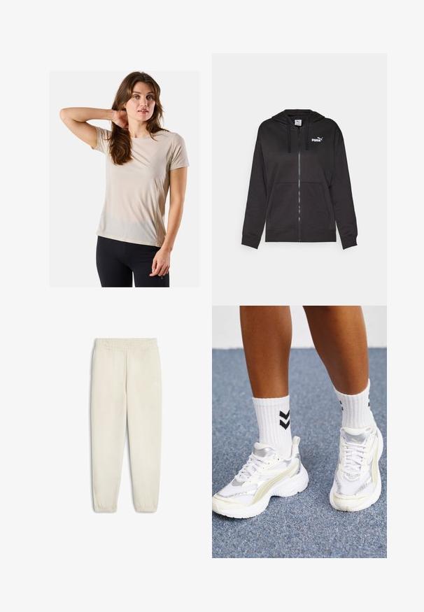 Svart zip-up hoodie gjord av mjukt tyg med en framficka, dragsko i huvan och vit Puma-logga på vänster bröst.; Beige atletisk t-shirt med korta ärmar, lätt material, slät textur och subtila sömnadsdetaljer, tillsammans med svarta åtsittande byxor.; Ljusbeige sweatpants gjorda av mjukt tyg, med ett elastiskt midjeband, manschetter vid anklarna och en liten vit logotyp på sidan.; Vita sneakers med silverdetaljer, meshmaterial, och en chunky design. Matchas med vita strumpor med svarta chevronmönster.