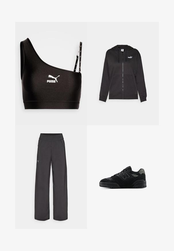 Sudadera con cremallera negra hecha de una tela suave, con un bolsillo frontal, capucha ajustable con cordón y el logotipo de Puma en blanco en la parte izquierda del pecho.; Sujeción deportiva negra con un tirante, que presenta un logo de Puma en blanco. Tela suave y elástica con un diseño elegante y detalles de tirante en contraste.; Pantalones deportivos negros con una cinturilla ancha, bolsillos laterales y costuras planas. Presenta un pequeño logo en la pierna izquierda. Fabricado con una tela suave y elástica.; Zapatilla negra de perfil bajo con suela texturizada, diseño de cordones, paneles de gamuza y acentos con patrón en el talón y el logo lateral.