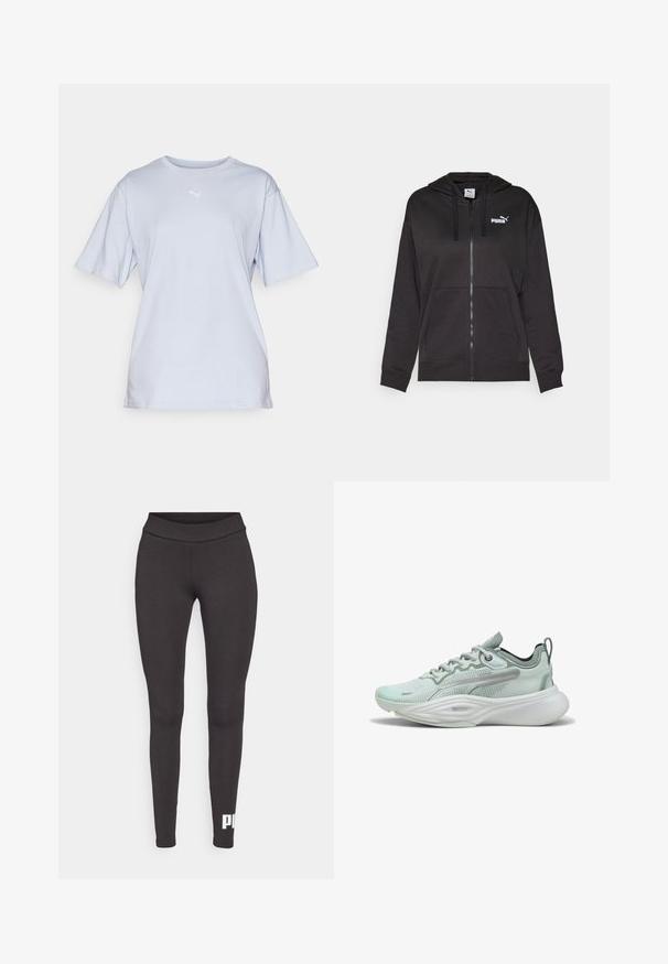 Juodas užtrauktuku užsegamas džemperis, pagamintas iš minkštos medžiagos, su priekinėmis kišenėmis, kapisonu su raišteliais ir balta Puma logotipu kairėje krūtinės srityje.; Šviesiai mėlynas medvilninis marškinėliai trumpomis rankovėmis, su apvalia iškirpte ir išsiuvinėtu baltu logotipu ant krūtinės. Glotni tekstūra ir laisvas pjūvis.; Juodi legginsai, pagaminti iš tamprios medžiagos, su aukštu juosmeniu ir baltu logotipu, atspausdintu ant kairės kojos apatinės dalies. Lygus paviršius.; Šviesiai žalia bėgimo avalynė su kvėpuojančiu tinkliniu viršumi, paminkštintu padu, atspindinčiais akcentais ir paminkštintu apykakle patogumui.