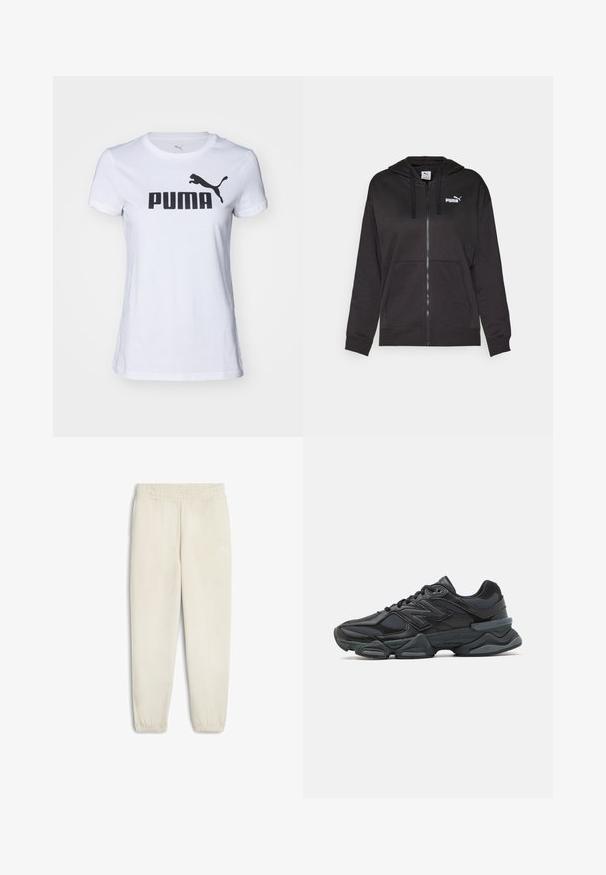 Černá mikina s kapucí na zip vyrobená z měkké látky, s přední kapsou, stahovací šňůrkou na kapuci a bílým logem Puma na levé části hrudi.; Bílý bavlněný tričko s kulatým výstřihem, na kterém je velké černé logo "PUMA" a černý siluetu pumy na levém rameni.; Světle béžové tepláky vyrobené z měkké tkaniny, s elastickým pasem, manžetami na kotnících a malým bílým logem na boku.; Černá běžecká bota s kombinací síťoviny a syntetických materiálů, masivní podešev, zakřivený design a výrazné logo na boku.