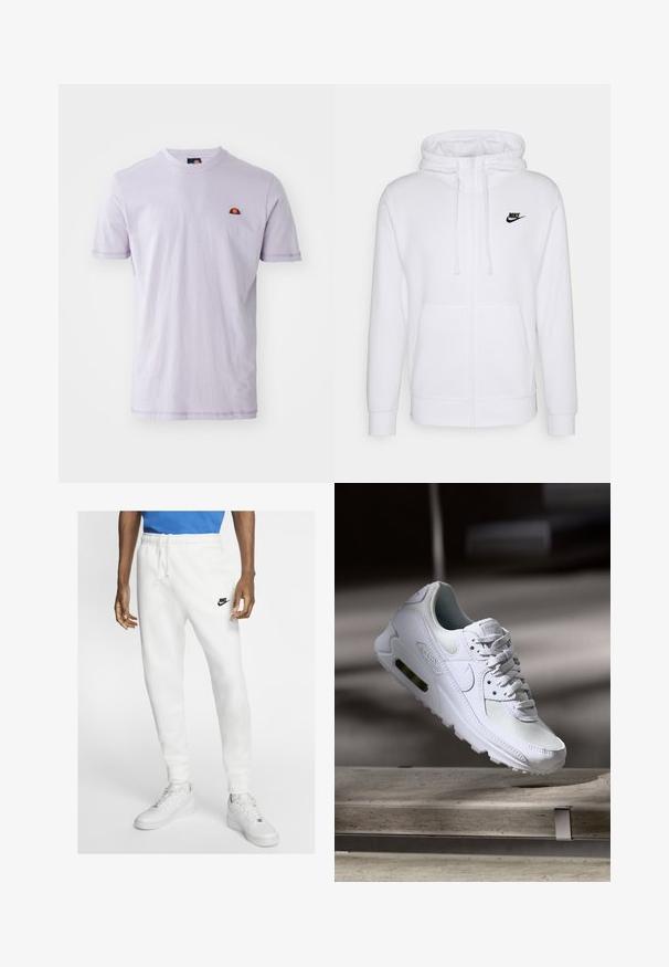 Fehér zipzáros kapucnis pulóver, puha anyagból készült, húzózsinóros kapucnival és fekete Nike logóval a bal karon. Két elülső zseb.; Világos lila pamut póló rövid ujjakkal, kerek nyakkivágással és egy kis hímzett logóval, amelyen egy piros és sárga félkör design szerepel.; Fehér sportos melegítőnadrág elasztikus derékkal, húzózsinórral és fekete Nike logóval. Simaságot árasztó anyagtextúrával és beszűkített lábakkal rendelkezik.; Fehér Nike Air Max 90 sneaker, amely hálós és bőr felsőrésszel, perforált orr-résszel és látható légpárnás egységgel rendelkezik a saroknál.