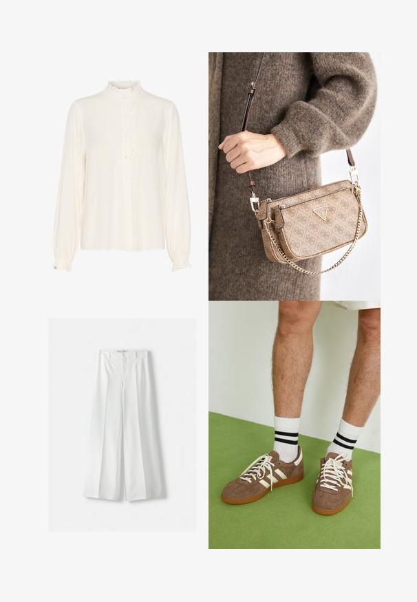 Bežový pletený kardigán s výstrihom do V, rebrovaným golierom a zapínaním na päť gombíkov. Má voľné rukávy a textúrovaný vzor látky.; Biela blúzka z hladkej tkaniny, s volánovým vysokým golierom, predným zapínaním na gombíky a dlhými rukávmi s nariasenými manžetami.; Bershka WIDE-LEG TAILORED - Nohavice - white; Hnedé zamatové tenisky s bielymi akcentmi a šnúrkami. Gumová podrážka. Nosené s bielymi ponožkami so čiernymi pruhmi. Zelená textúrovaná podlaha.; Bežová kabelka so vzorom, zlatým kovovým príslušenstvom, koženým remienkom a reťazovým detailom. Obsahuje zips a logo na prednej strane.