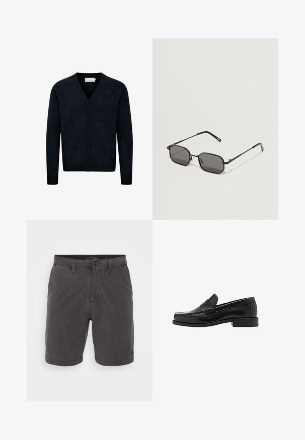 Navyblauwe gebreide cardigan met V-hals, knopen aan de voorkant, lange mouwen en geribbeld gedeelte aan de onderkant. Gemaakt van een zachte, gestructureerde stof.; Witte katoenen t-shirt met korte mouwen, ronde hals, relaxte pasvorm en zonder zichtbare logo's of patronen. Gladde textuur en minimalistisch ontwerp.; Grijze katoenen shorts met een knoopsluiting, vier zakken en een geweven label op de zoom, met een rechte snit en een gladde textuur.; Zwarte leren instappers met een gladde afwerking, gestikte details op de neus en een lage hakontwerp voor comfort en stijl.; Zwarte zonnebril met rechthoekige lenzen, slank metalen montuur en rechte pootjes. Voorzien van heldere siliconen neuspads voor comfort.