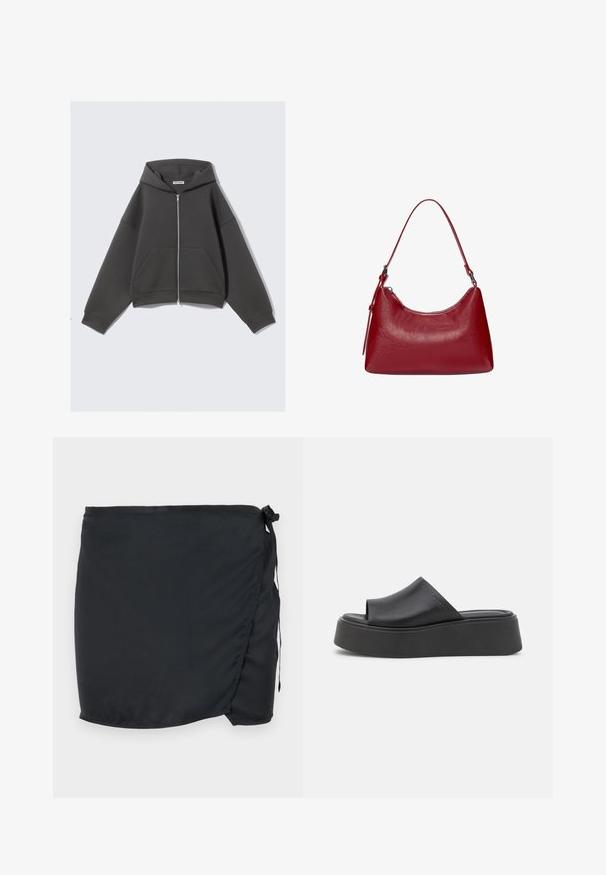 Hanorac gri cu fermoar, fabricat dintr-un material moale, cu o croială relaxată, buzunare mari în față și glugă cu șnur. Design simplu, fără modele.; Top halter gri deschis, realizat dintr-un material moale, cu un decolteu rotund și o panglică la spate, având o textură subtilă.; Fustă de înot neagră cu un design înfășurat, fabricată dintr-un material ușor. Prezintă o închidere cu legare pe lateral și o textură netedă.; Sandale cu platformă neagră, realizate din material sintetic neted, având un design cu vârf deschis și un vârf rotund. Sole groase, cu amortizare.; Geantă de umăr din piele roșie, cu un design curbat, textură netedă și închidere cu fermoar. Dispune de un mâner subțire pentru transport.