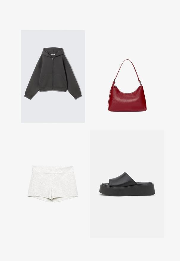 Šedá mikina na zip vyrobená z měkké látky s volným střihem, velkými předními kapsami a stahovací kapucí. Jednoduchý design, bez vzorů.; Světle šedý halter top vyrobený z měkké tkaniny s oblým výstřihem a uvázáním na zádech, s jemnou strukturou.; Svetle šedé elastické šortky se širokým pasem, hladkým povrchem a jednoduchým designem. Obšité okraje bez viditelných vzorů nebo akcentů.; Černé platformové klínové sandály vyrobené z hladkého syntetického materiálu, s otevřenou špičkou a zaoblenou špičkou. Silné, polstrované podešve.; Červená kožená taška přes rameno s zakřiveným designem, hladkým povrchem a zipovým uzávěrem. Obsahuje tenkou rukojeť pro nošení.