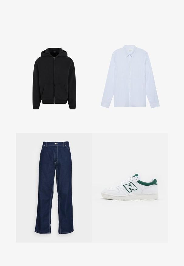 Svart zip-up hettegenser laget av myk stoff, med hette, frontlommer og ribbede mansjetter og nederkant. Enkel design uten mønstre.; Lys blåstripete skjorte med lange ermer og knappestolpe. Har tradisjonell krage, hvite knapper og et glatt bomullsblandingsstoff.; Mørkeblå denimbukser med vide ben, med høy midje, frontlommer og kontrasterende hvite sømmer langs sømmene.; Hvit sneaker med grønne detaljer, lærøvre, perforert tå, snøring og teksturert gummisåle. Har et fremtredende "N"-logo.